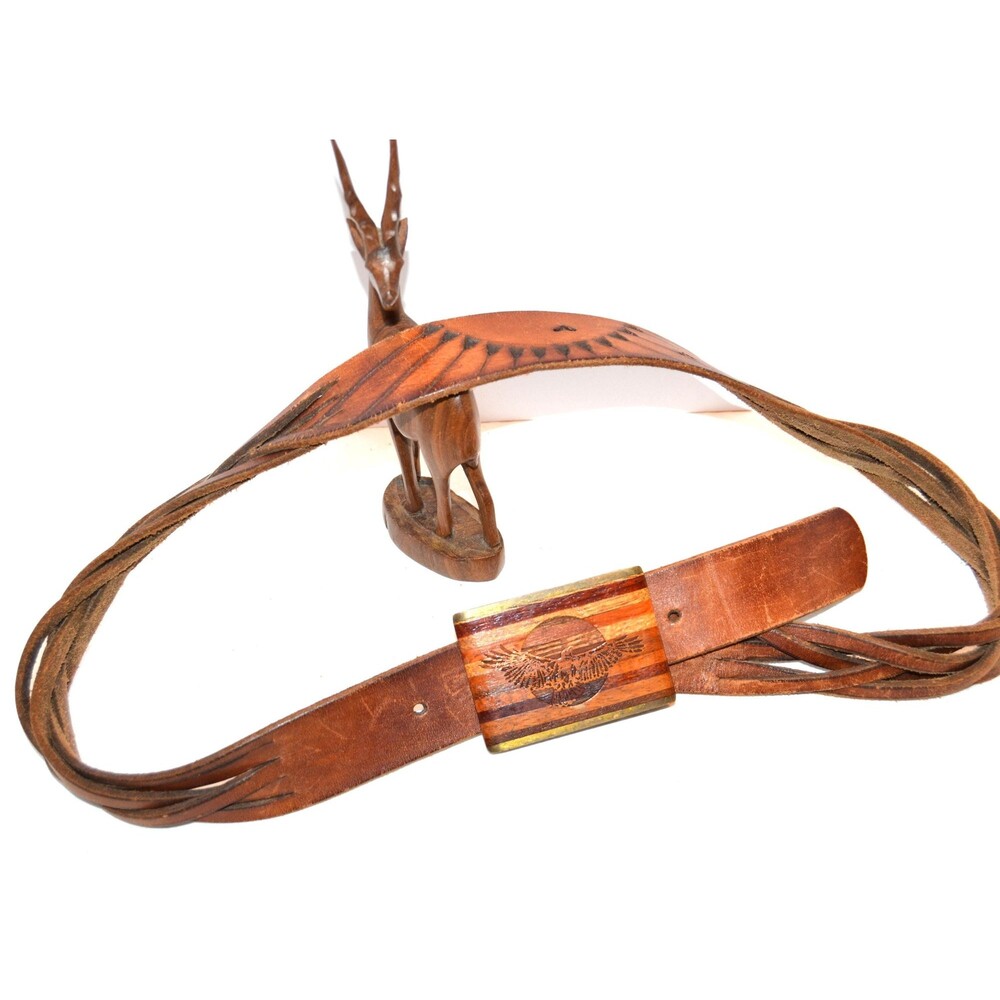 Vintage Leather American Eagle Buckle with Sun Hand tooled and Braided belt